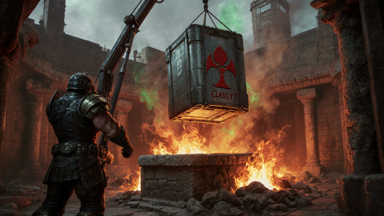 Armored waste‑handler lowers a sealed container into a fiery incinerator pit.