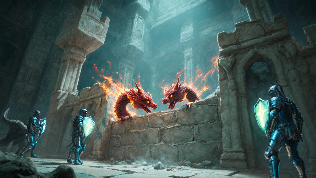 Bisphosphonate knights block fiery osteoclast dragons attacking a bone fortress.