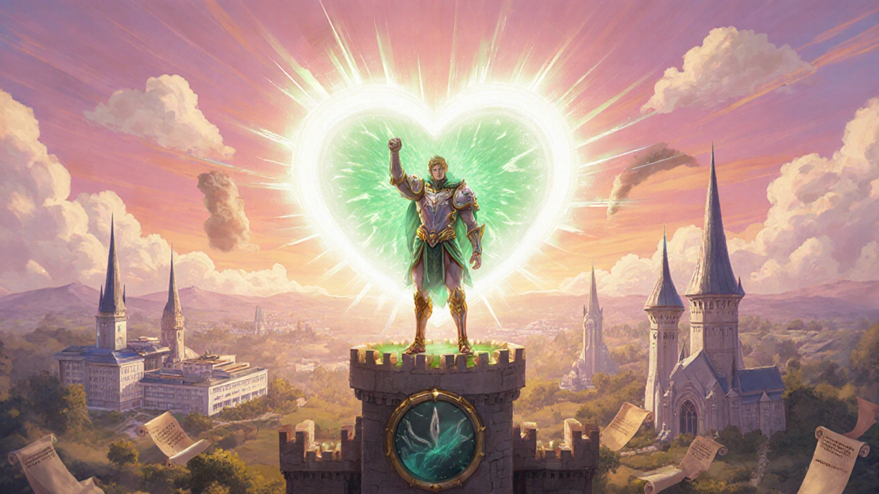 Champion stands atop heart fortress holding radiant Albulin emblem, symbolizing treatment success.