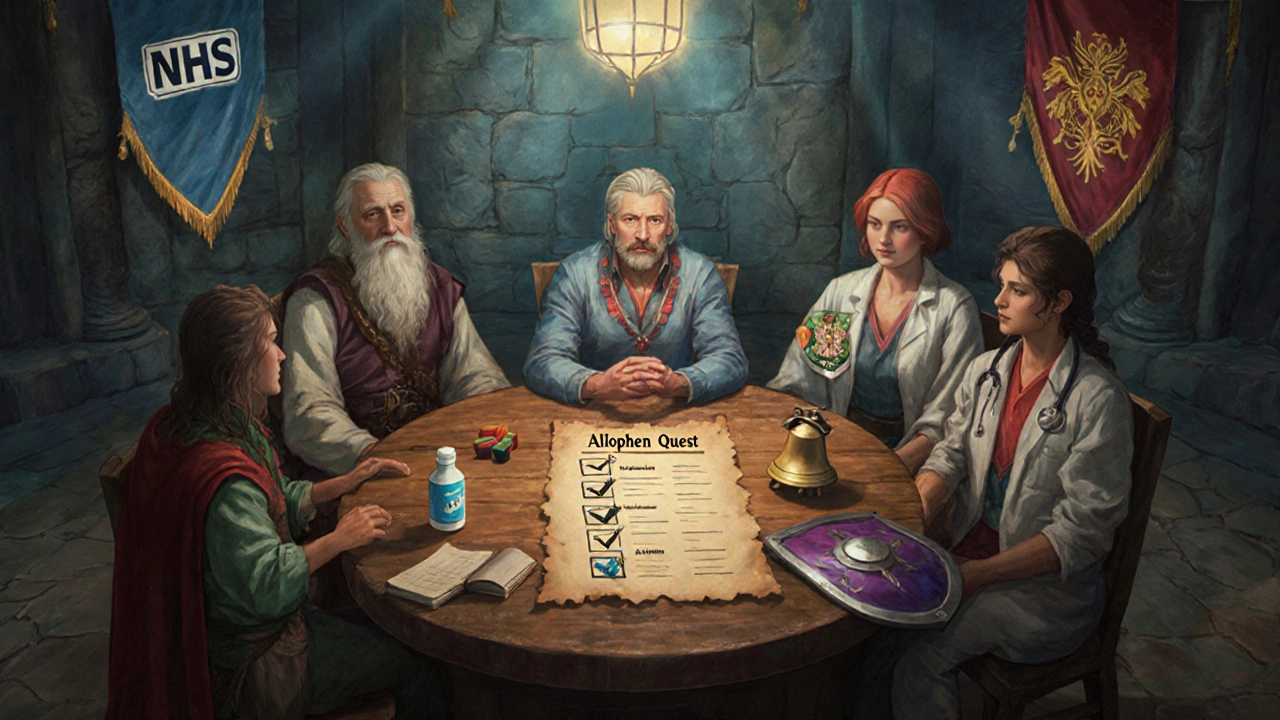 Council of patient, pharmacist, and doctor reviewing a quest checklist for Alophen use.