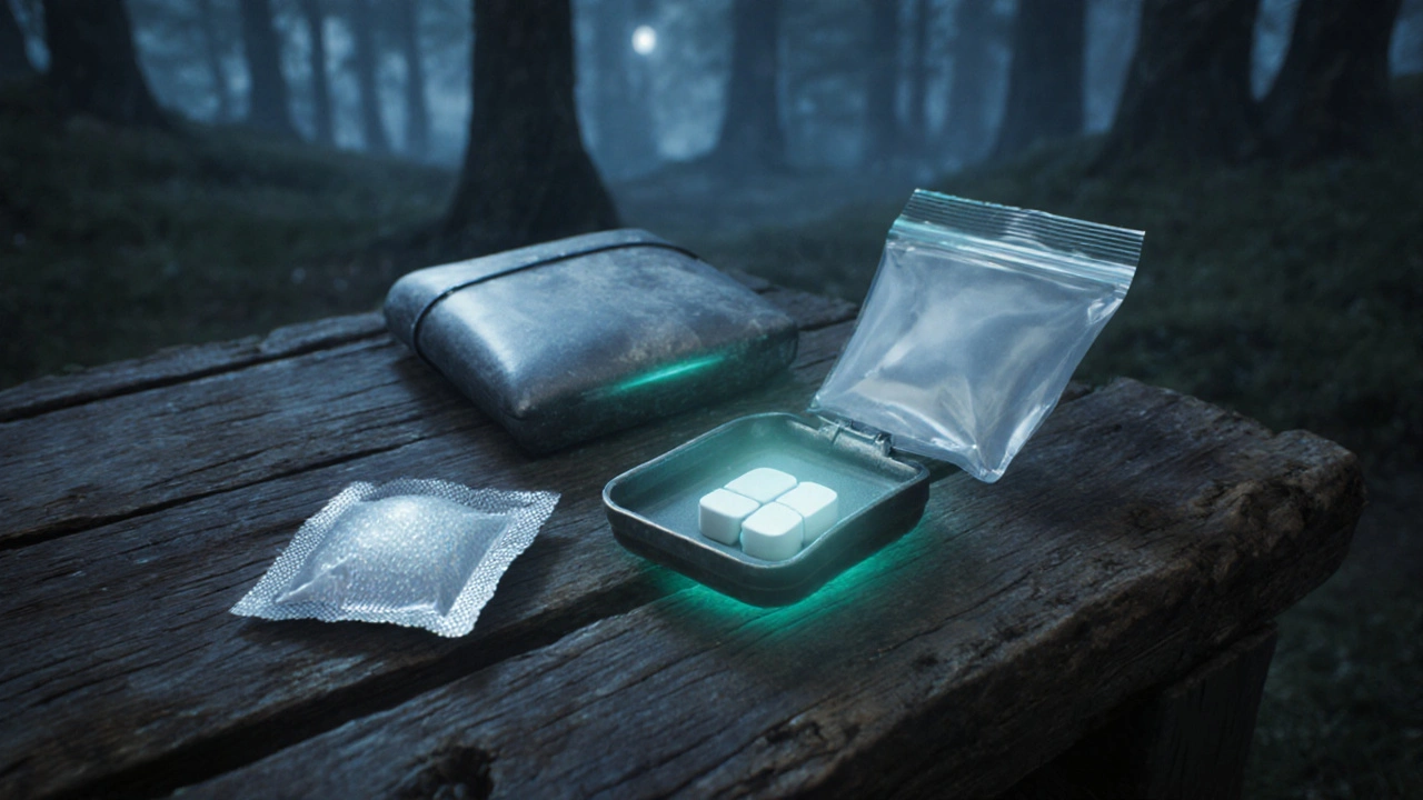 Emergency kit showing tablet, silica gel packet, and waterproof pouch on a table.