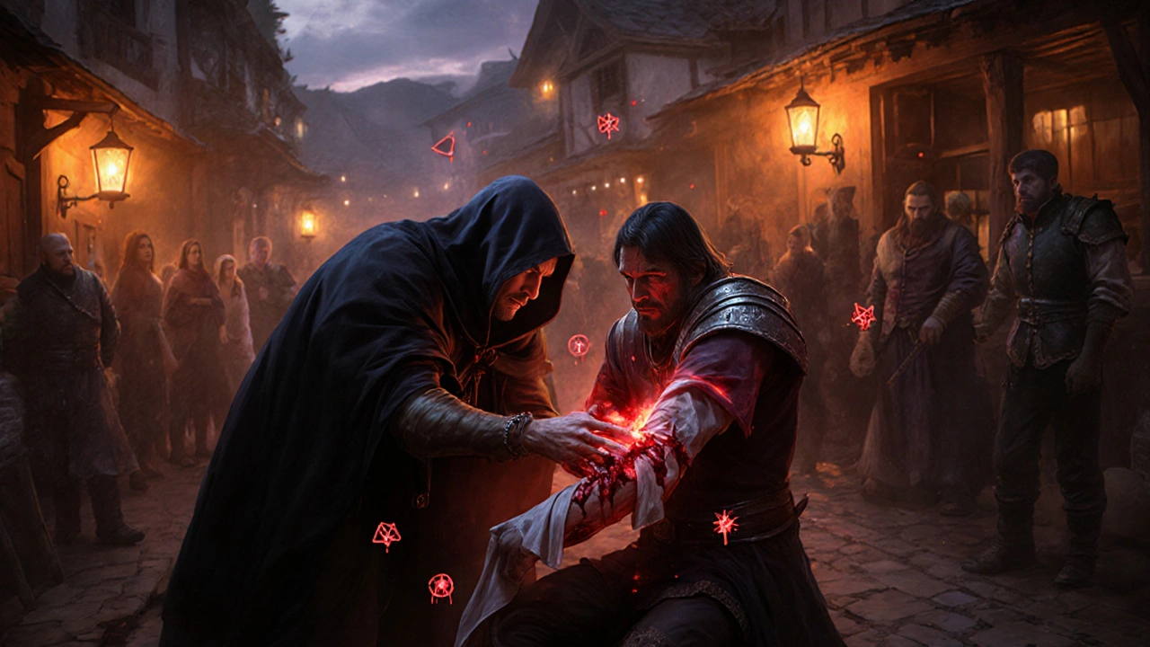Healer pressing a cloth to a bleeding arm under a red glow, depicting emergency care.
