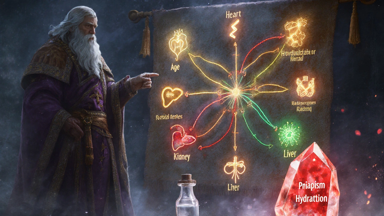 Healer shows a glowing tapestry of risk symbols and a red crystal warning of priapism.