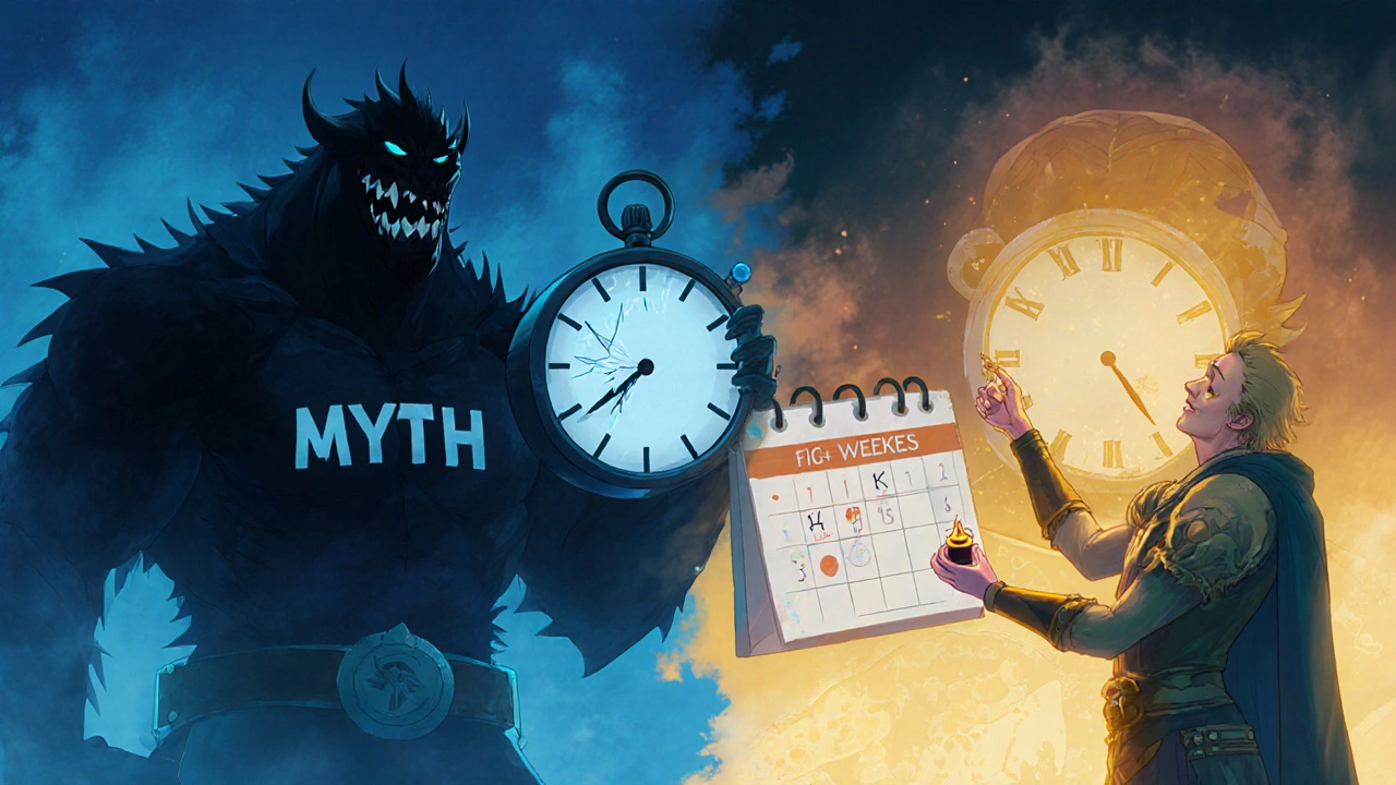 Hero battling a myth monster with a calendar showing 4‑6 weeks.