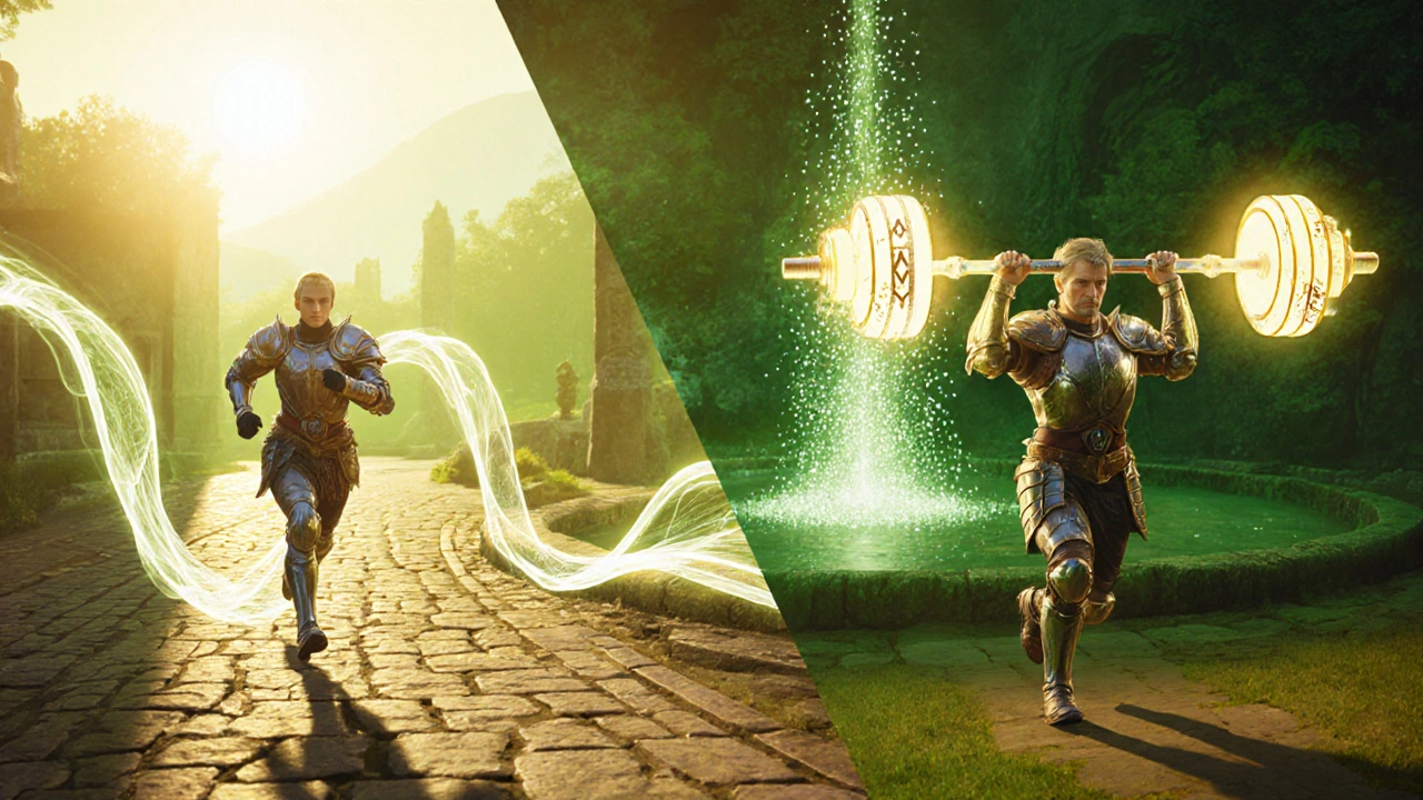 Hero in armor runs a track and lifts a rune‑etched barbell in a sunrise arena.