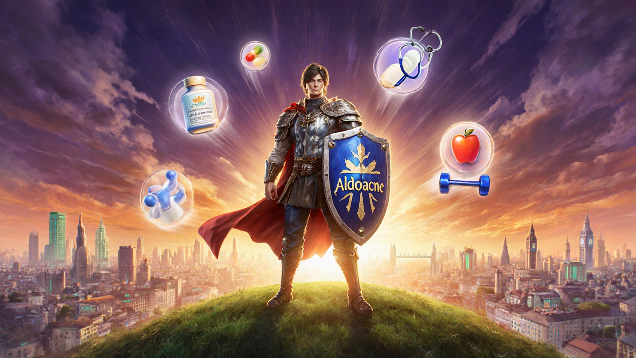 Hero on hilltop with Aldoacne shield, sunrise backdrop, icons of dosage and lifestyle.