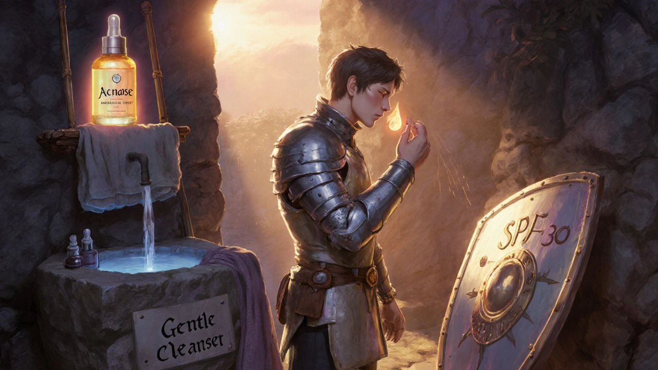 Hero performing a nighttime skincare routine with cleanser, Acnase, moisturizer, and SPF shield.