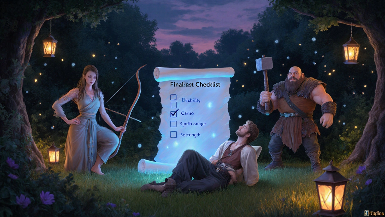 Hero rests by a glowing checklist scroll with companions representing yoga, cardio, and strength.