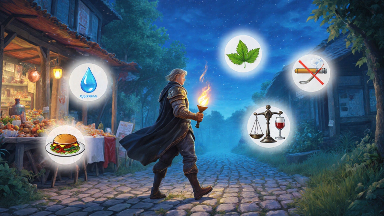 Hero walks upright after meal, icons for hydration, diet, weight, no smoking.