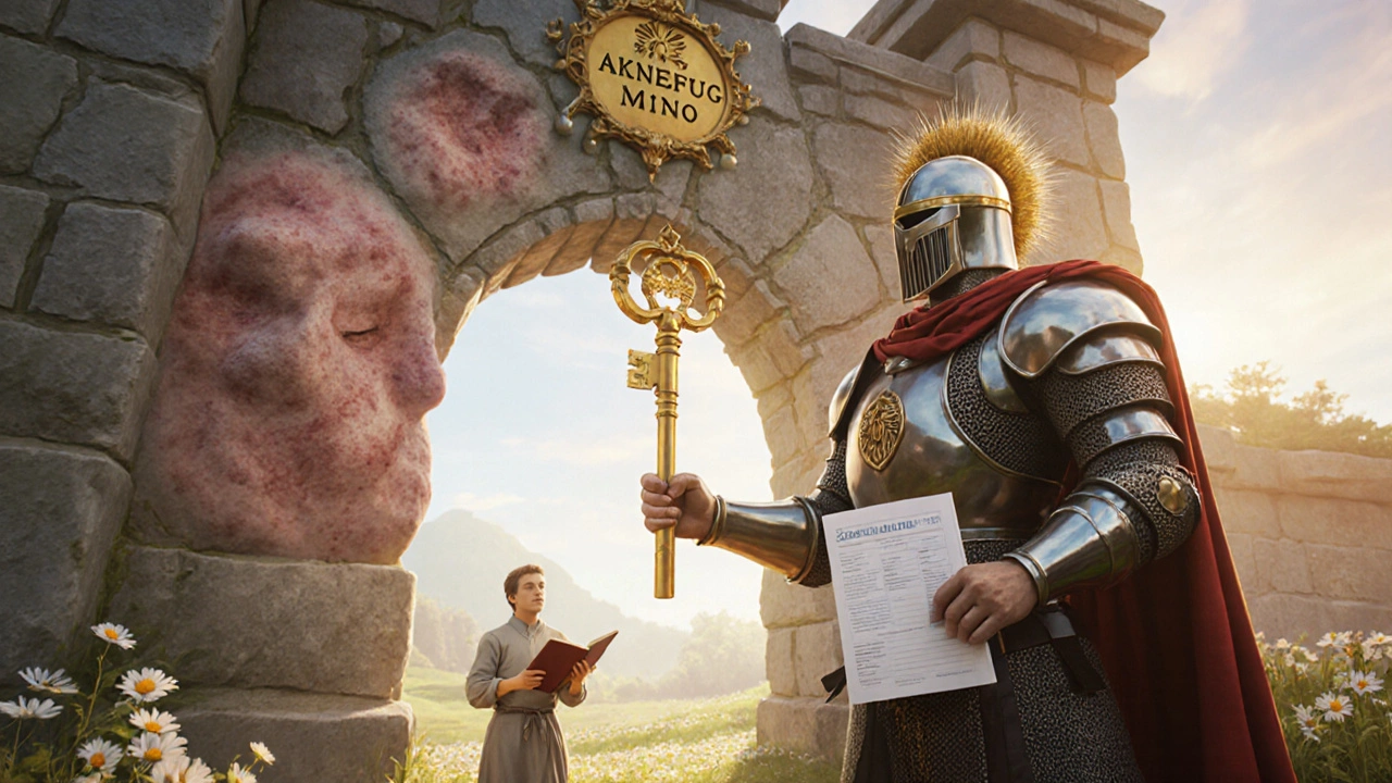 Heroic figure unlocking a sealed gate of acne, revealing clear skin landscape.