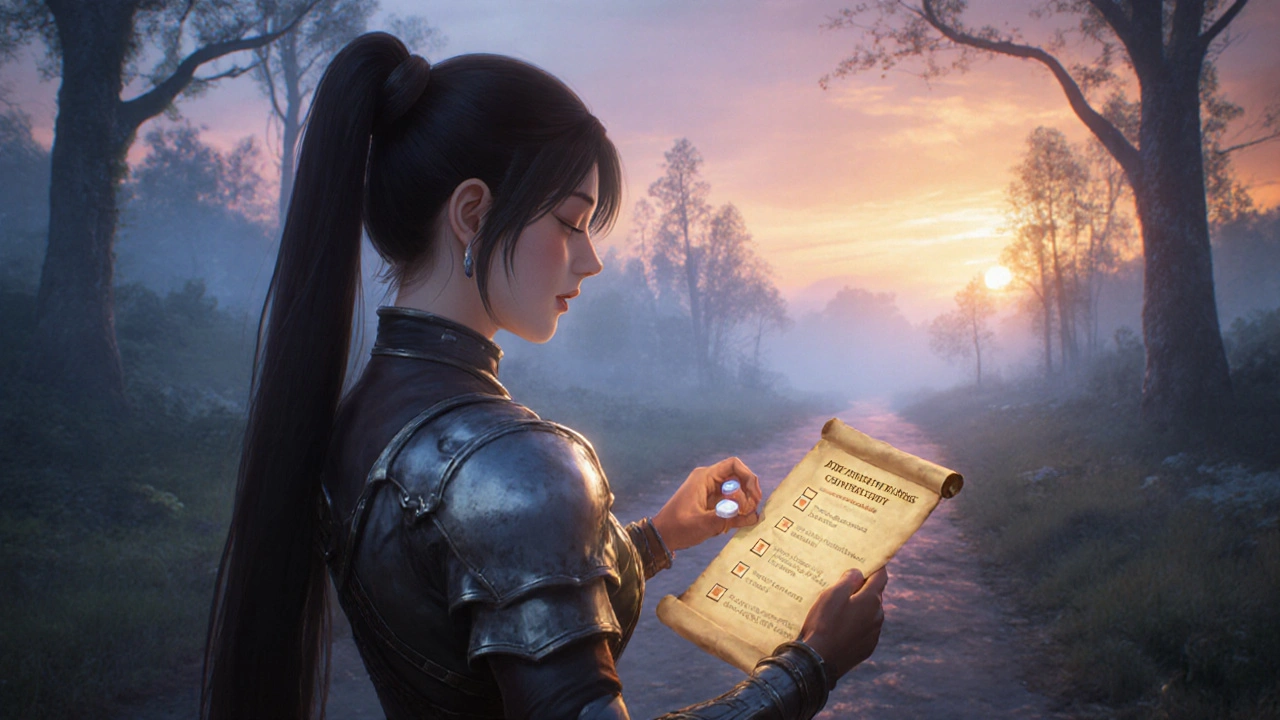 Heroine checking a glowing checklist while holding a pill on a forest trail.