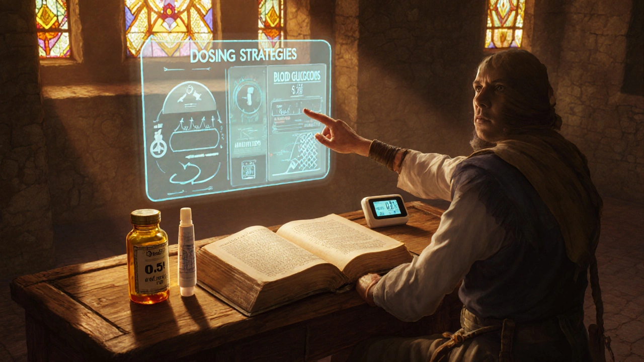 Infirmary scene with dosing scroll, pill bottle, cream tube, and glucose monitor.