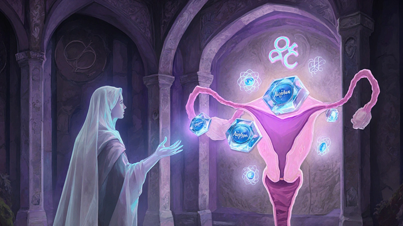 Magical uterine chamber with glowing Alophen crystals binding to hormone receptors.