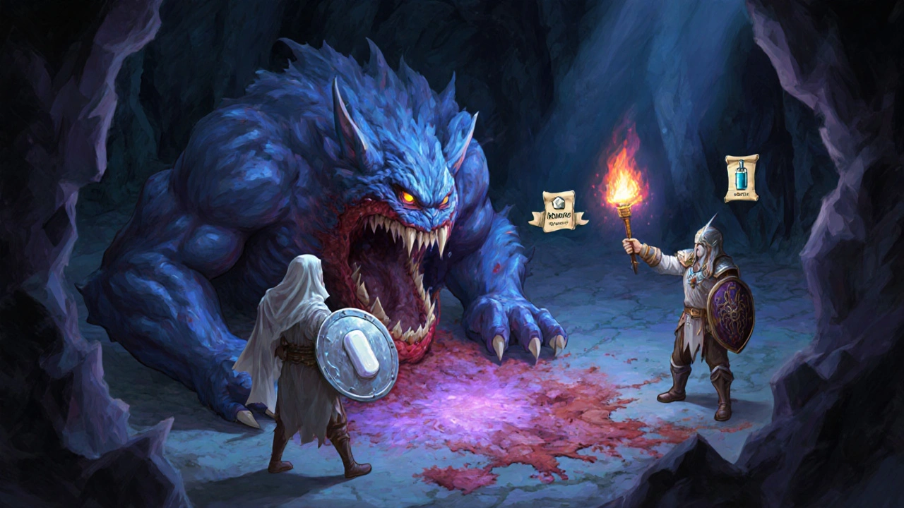 Medical party treating a monstrous wound using dressings and immunosuppressant spells.