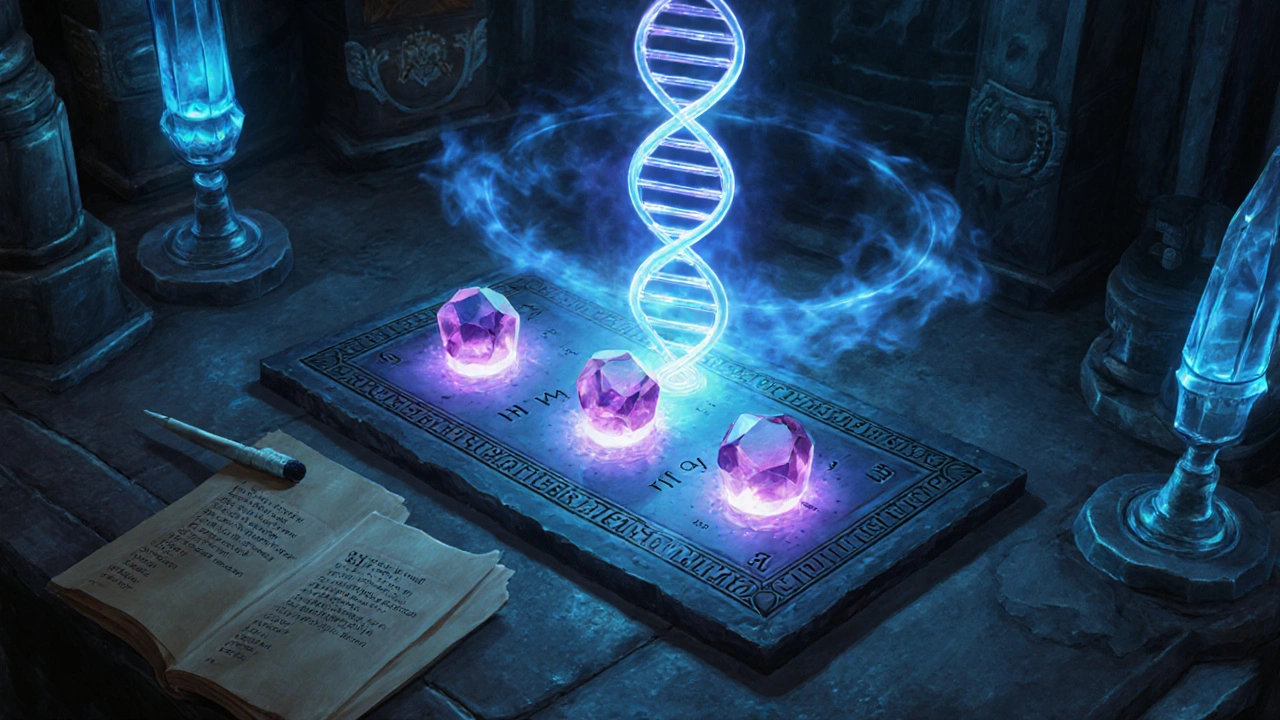 Mystic lab shows cheek swab and glowing gemstones representing genetic markers for Almiral‑Gen test.