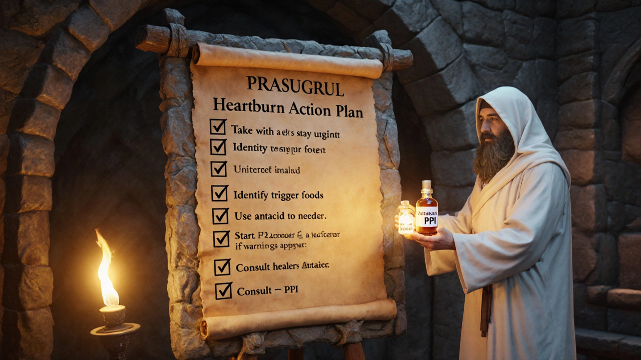 Quest board with heartburn action plan checklist, healer offers antacid and PPI.
