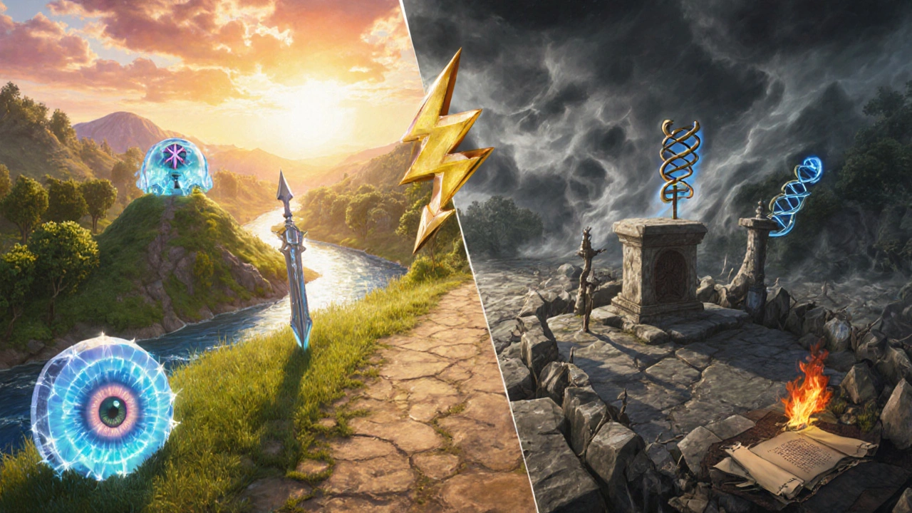 Split scene comparing bright early‑diagnosis path with dark late‑diagnosis route, featuring RPG‑style medical icons.