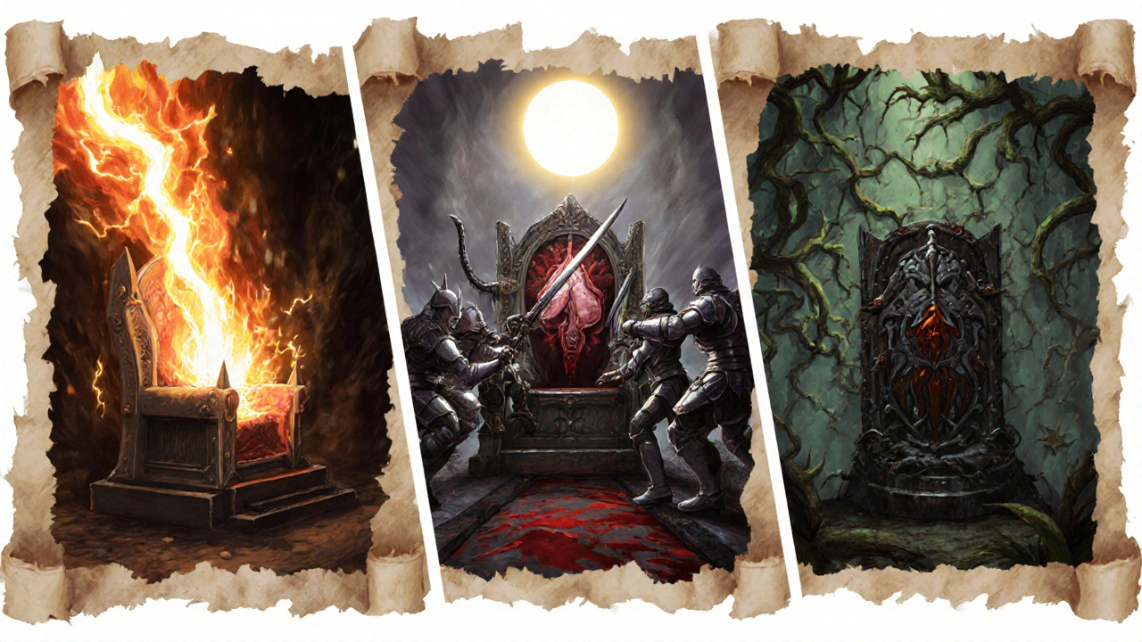 Three panels showing hyperacute lightning, acute swordsmen, and chronic vines attacks on an organ.