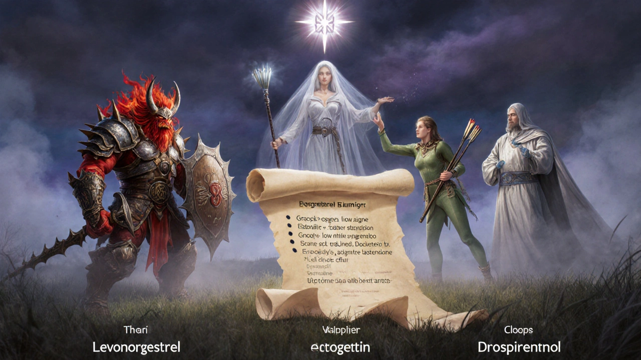 Three progestin warrior characters guard a thin uterine scroll, with EE casting a silvery veil overhead.