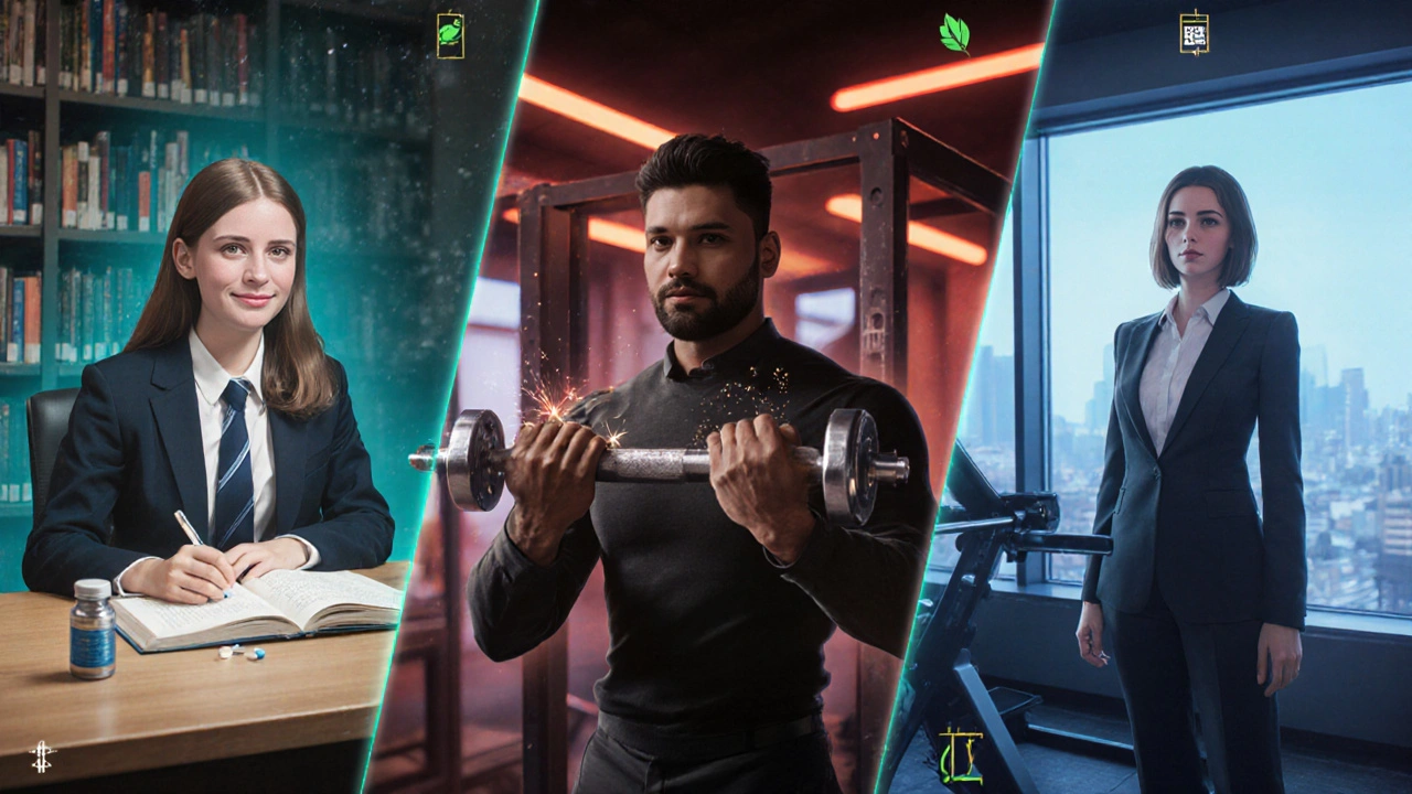 Three split scenes: student, trainer, manager each with clear skin and Aldoacne pill bottle.