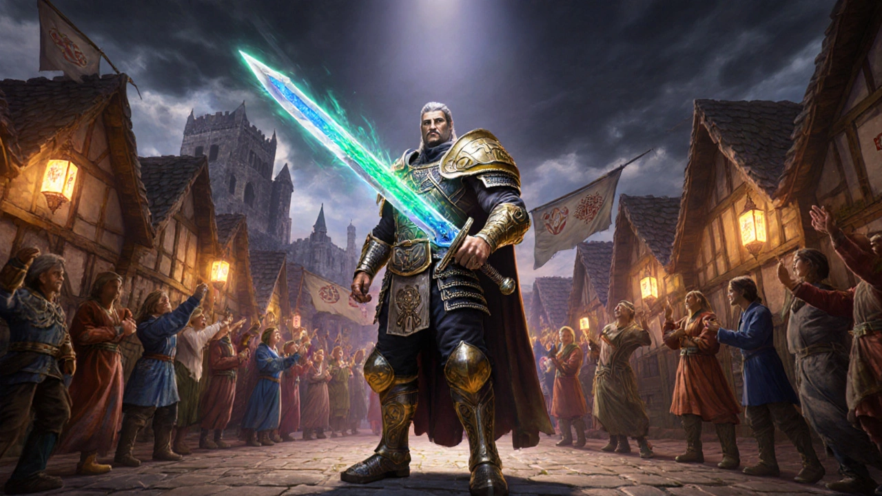 Victorious warrior receives glowing sword and armor after early treatment, standing in a thriving village.