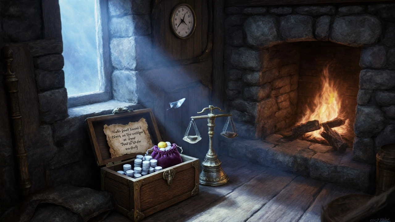 Weighted scales and a wooden chest of tablets beside a fireplace, indicating proper storage.