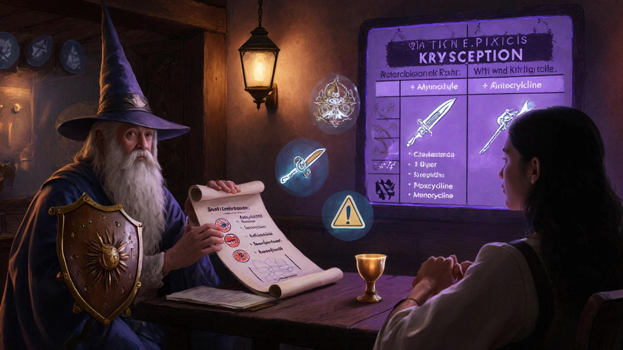 Wizard dermatologist consulting a woman with contraception sigils and test scrolls.