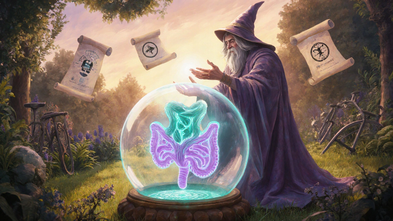 Wizard performing a ritual over a translucent organ with glowing biomarkers in a tranquil garden.