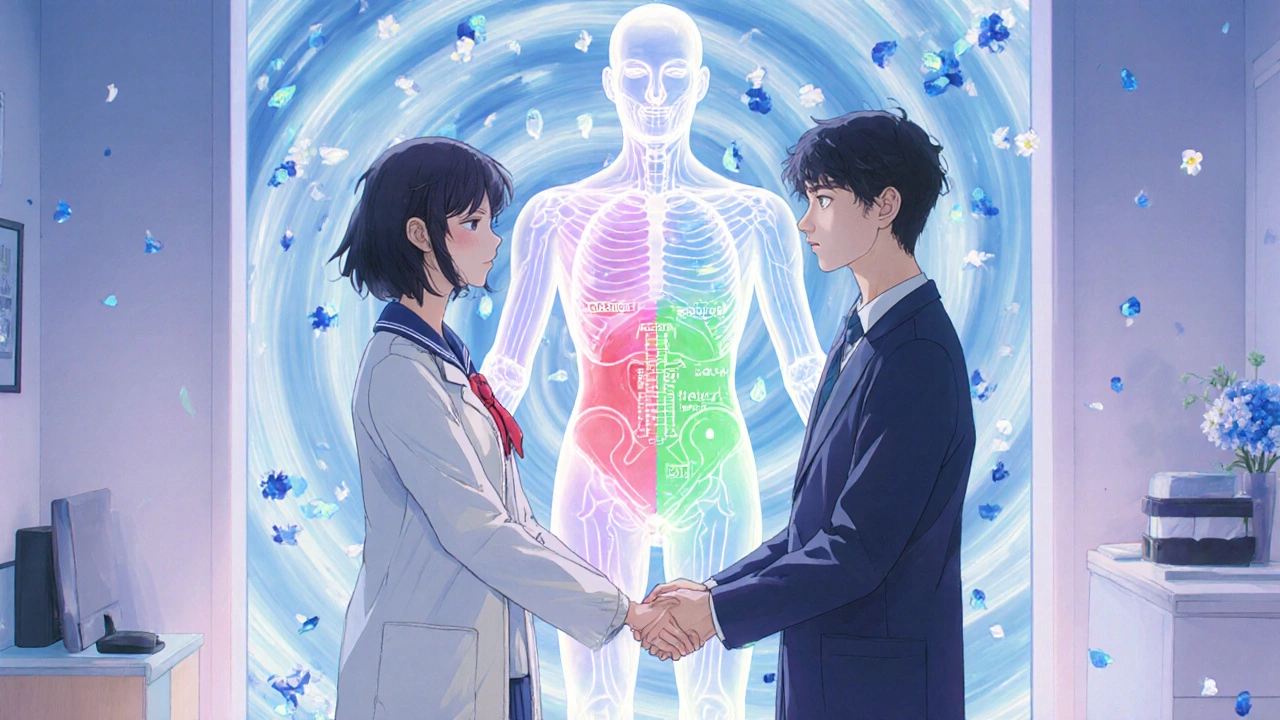 A doctor and patient together with a holographic metabolic health display in a soft clinic setting.