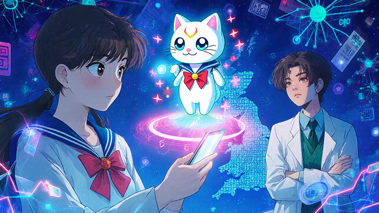 A patient and AI cat spirit analyzing real-time health data with glowing warning signals.