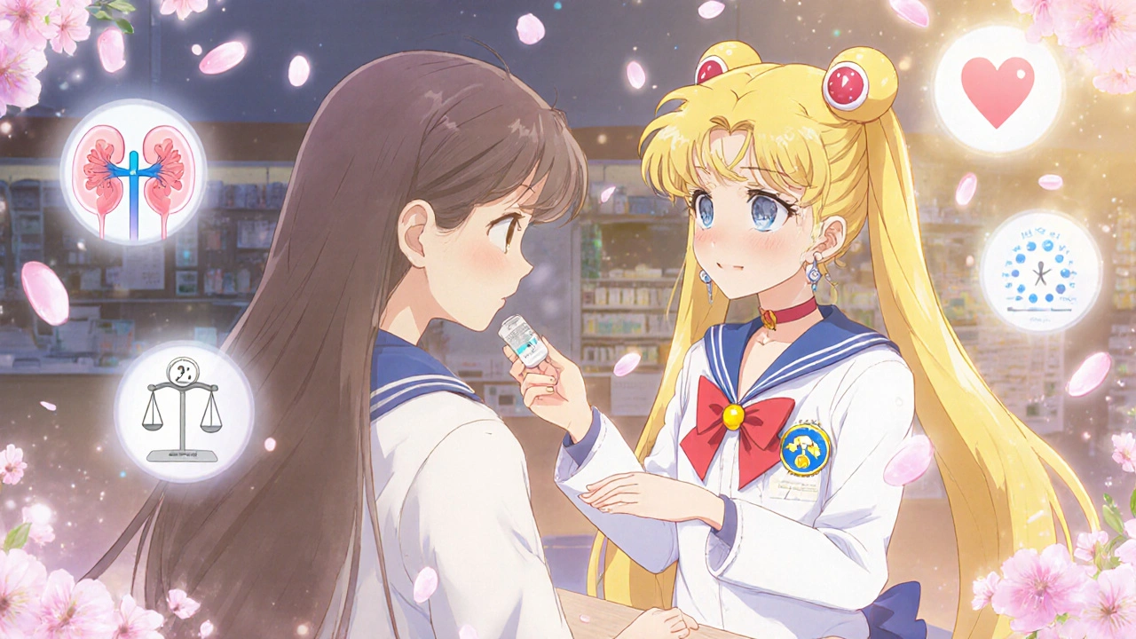 A pharmacist hands a combination pill to a patient with floating health symbols in soft anime lighting.