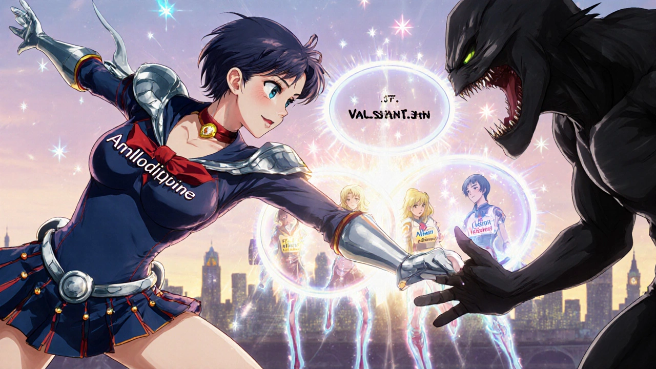 A warrior battles high blood pressure with ARB allies in a vibrant anime battle scene.