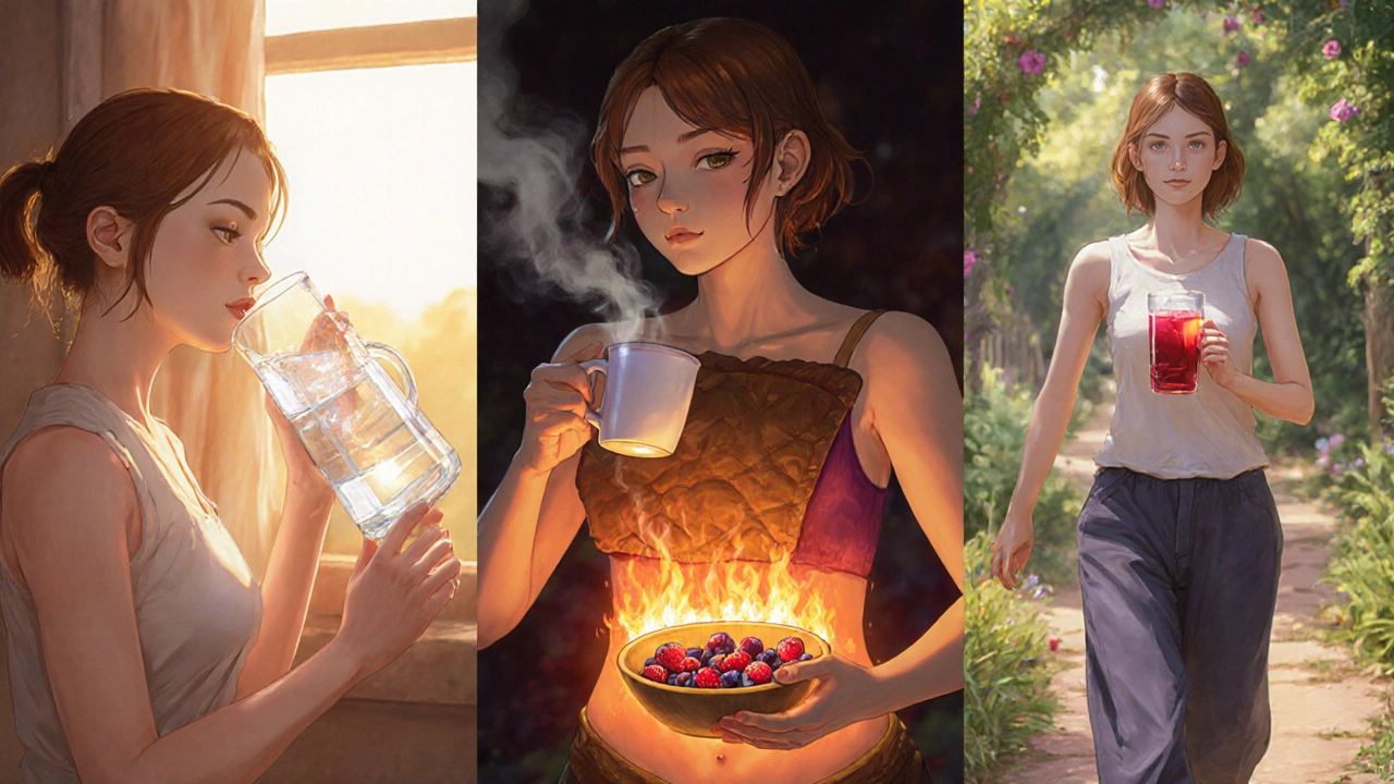 Adventurer's day of self‑care: water, tea, warm compress, yogurt, cranberry juice, garden walk.