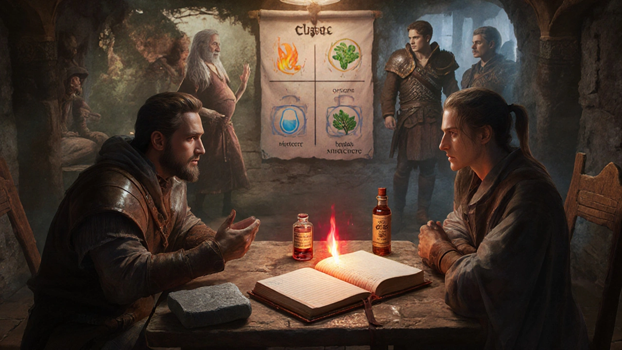 Adventurer and healer reviewing a glowing symptom diary with probiotic potion.