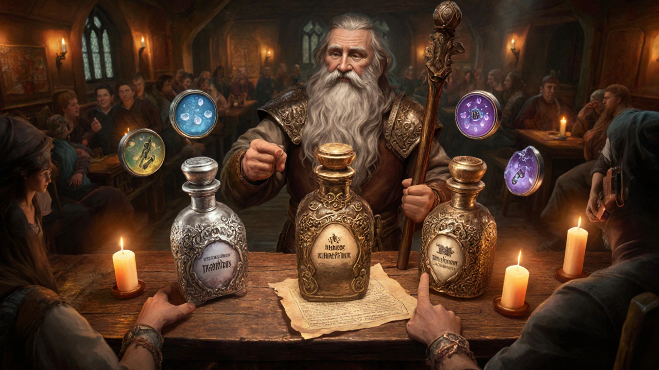 Alchemist compares three potion bottles—Abadox, Nitrofurantoin, Trimethoprim—with floating icons for efficacy and safety.