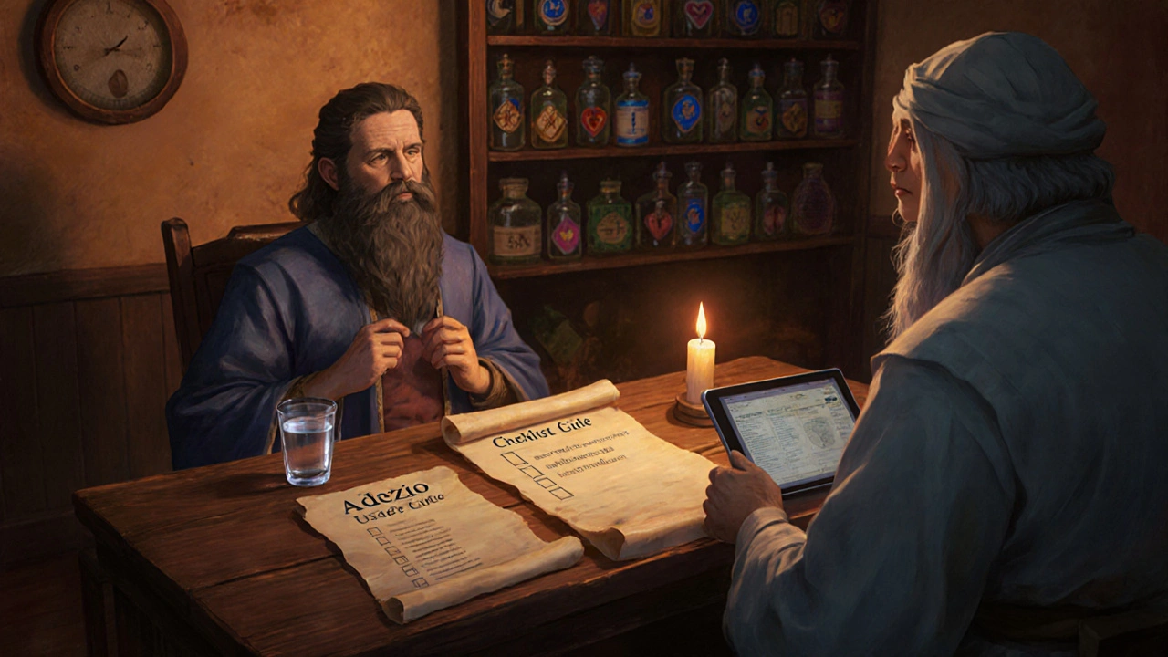 Alchemist consults a healer over a checklist, with potion bottles and a candle in a cozy clinic.