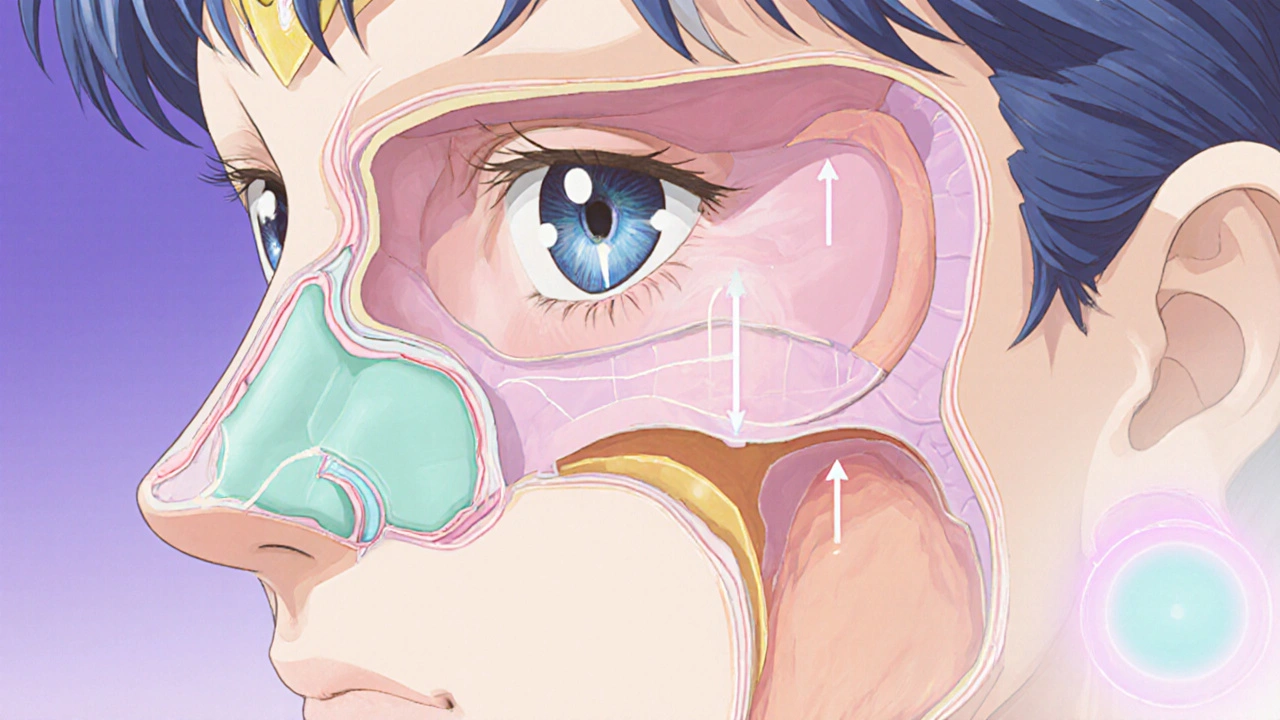 Anime cross‑section of face showing sinus pressure moving toward the eyes.