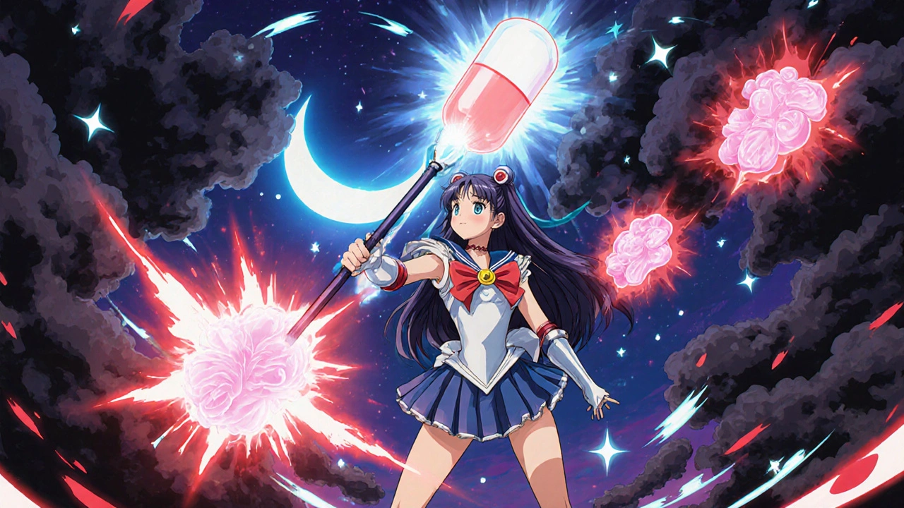 Anime heroine with a luminous staff battles dark cytokine clouds, turning red joint flares to pink.