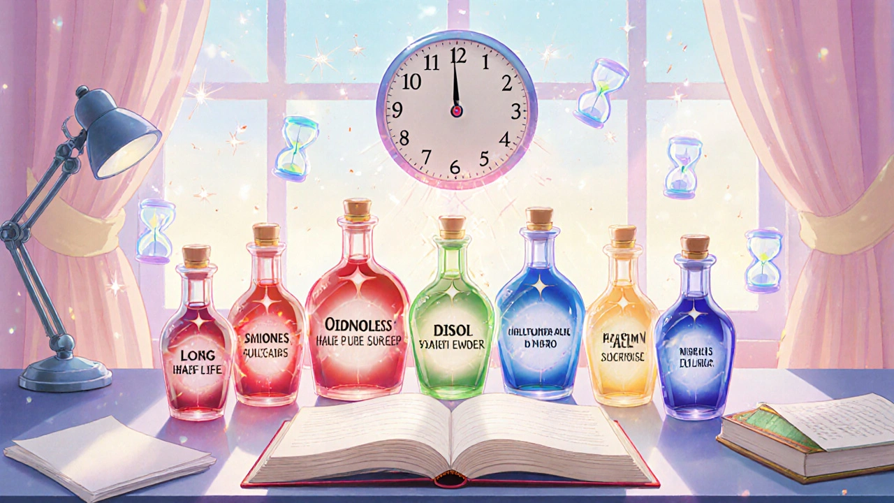 Anime-style desk with glowing potion bottles labeled SSRIs/SNRIs, each showing different aura colors for half‑life.