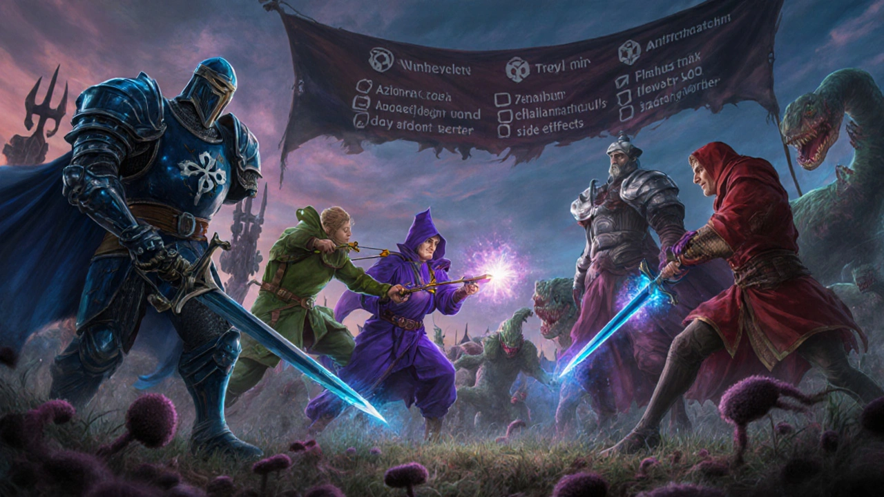 Antibiotic warriors battle bacterial monsters, each representing a different drug.