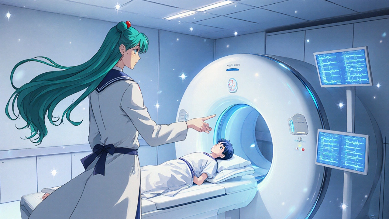 Doctor and patient in an MRI suite with glowing equipment and futuristic lighting.