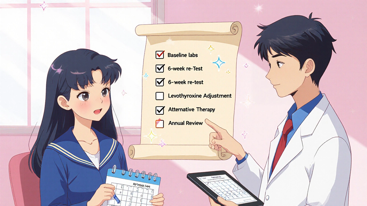 Doctor and patient reviewing a checklist for thyroid monitoring on a scroll.