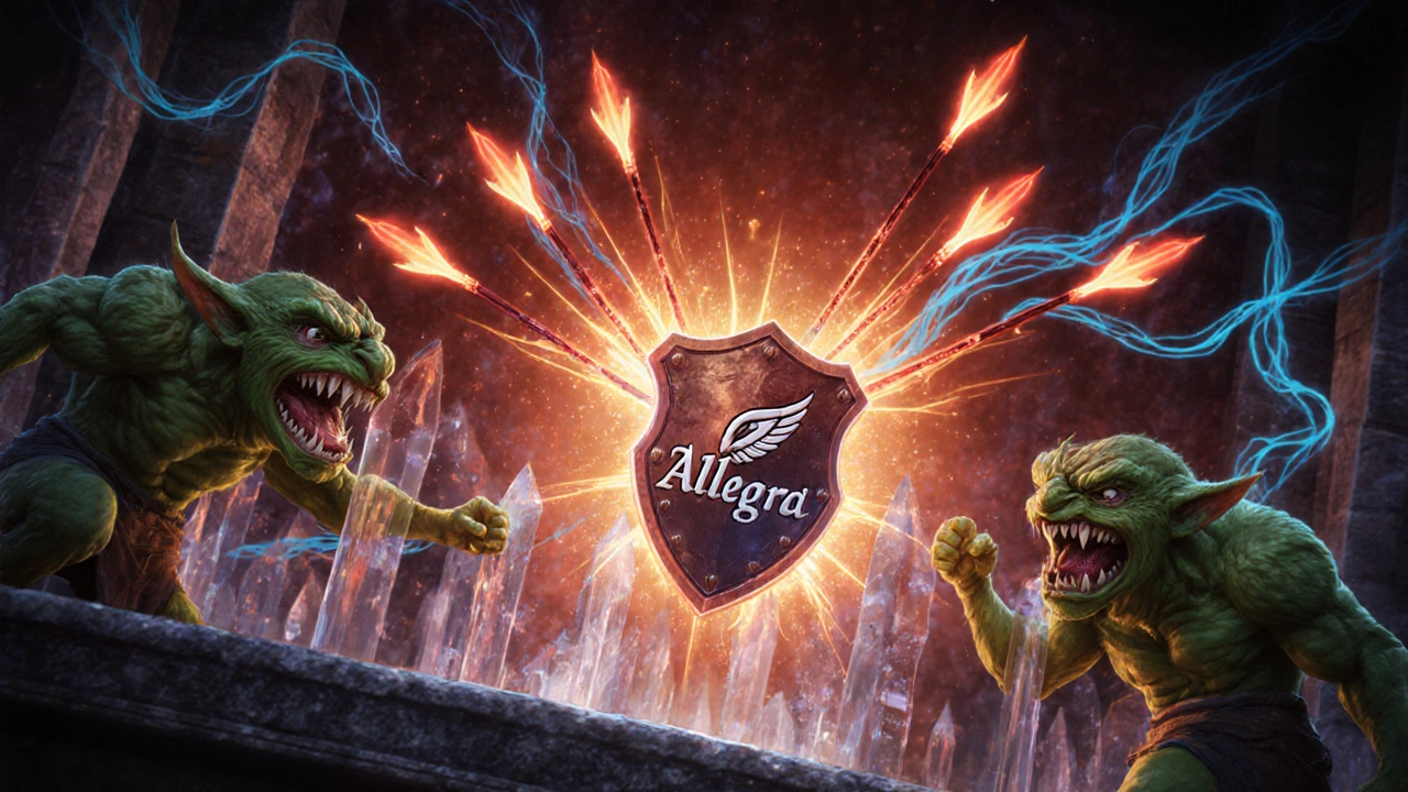 Fantasy immune battle: mast cell goblins fire histamine, Allegra shield blocks them.