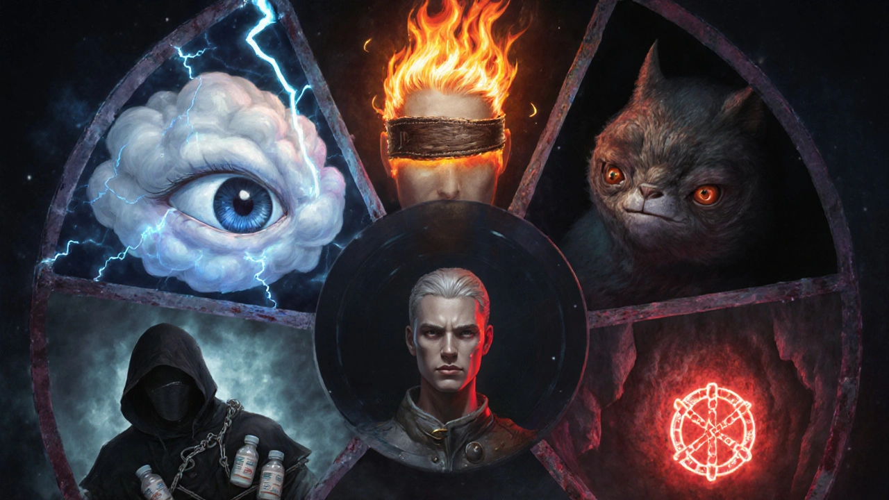 Fantasy scene showing six personified headache types around a central hero.