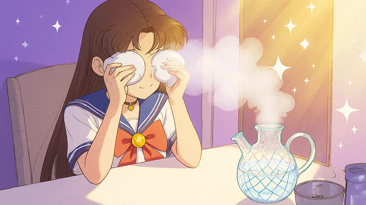 Girl applying a warm compress and using a neti pot for sinus relief.
