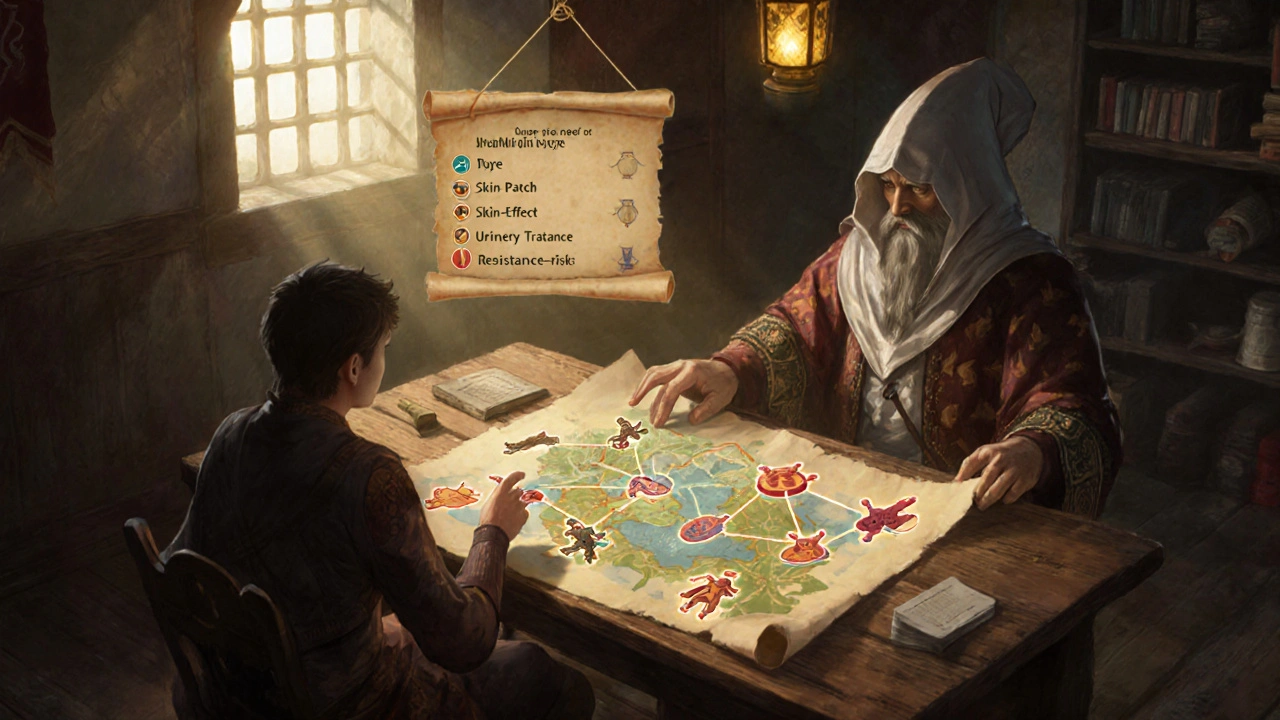 Healer advises patient using a map linking infection sites to antibiotic choices.