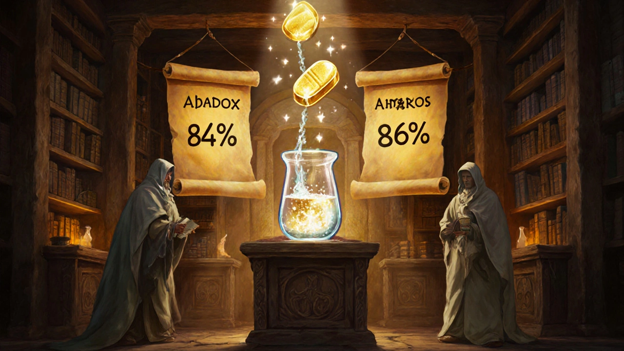 Healers in a wizard‑like lab view cure‑rate scrolls as a golden Abadox tablet dissolves into a glowing urine vial.