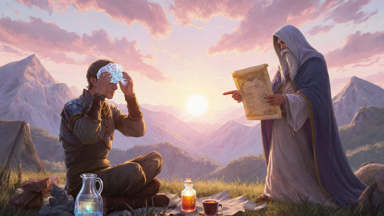 Hero at sunrise campsite using a compress, with healer offering a glowing potion.