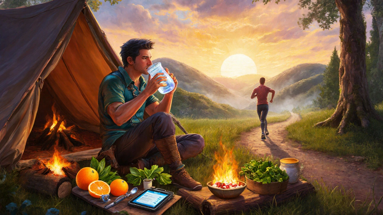 Hero practices hydration, healthy diet, sleep, and exercise with a glowing Allegra pill.