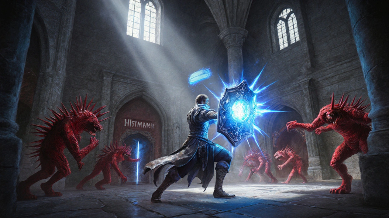 Hero uses a blue Adezio shield to repel red histamine monsters attacking nasal gate arches.